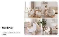 Moon-Shaped Push Toy White and Wood Wooden Push-Along Toy Open Compartment Infant with Wheels for Children