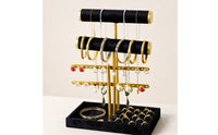 Three-Tier Jewelry Display Stand Tabletop Jewelry Organizer with Tray Gold-Tone Earring Holder Tangleuntangled for Women, Teens, Vanity, Dresser, Bedroom