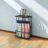 High Strength Racket Stand with Basket Freestanding Tennis Racket Storage Rack Metal Tennis Racquet Stand Matte Black for Clubs, Gyms, Schools, Active Training Areas
