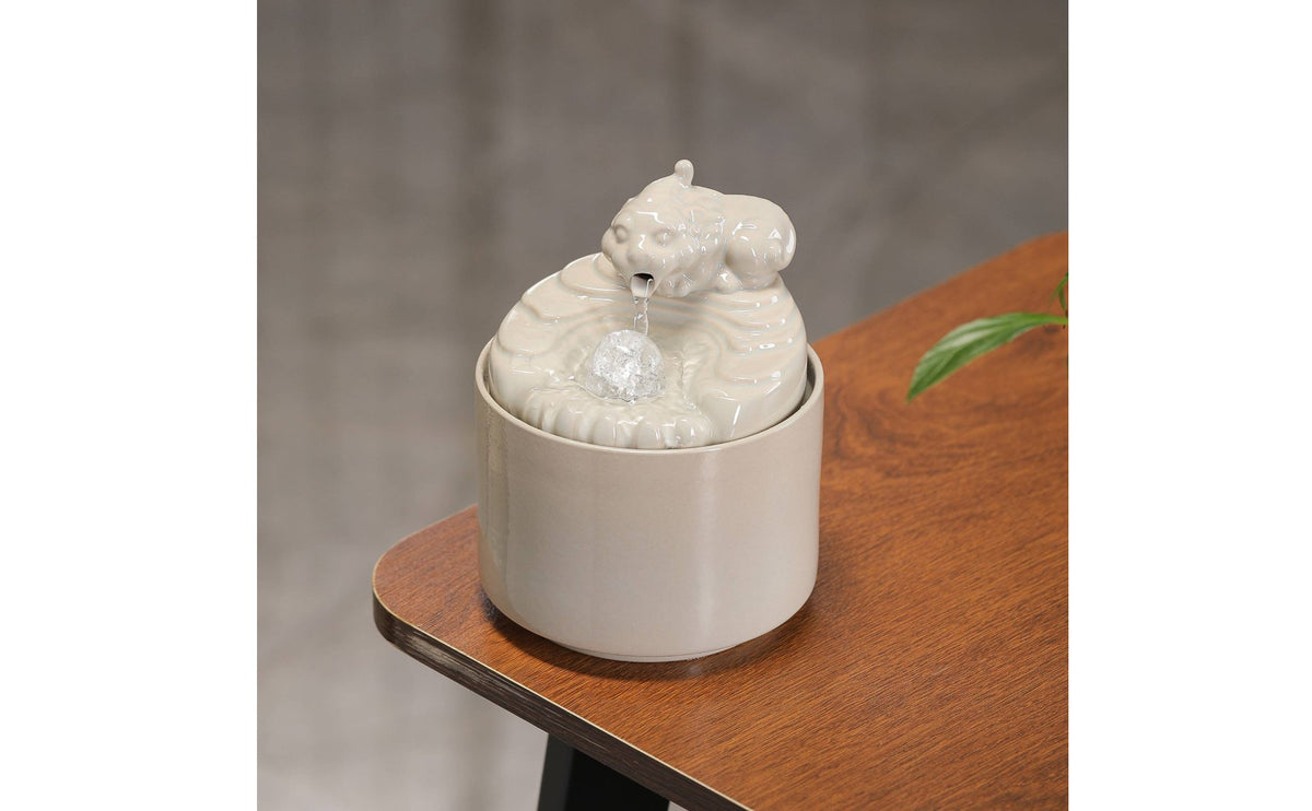Wealth Attracting Ceramic Pixiu Water Fountain Elegant Design Desktop Zen Fountain Handmade Craft Small Circulating Water Ornament for Office, Living Room, Entryway