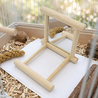 Parrot Perch with Bird Mirror and Solid Wood Stand, Square Wooden Bird Stand for Budgie, Cockatiel Toy and Lovebird Accessory for Cage Hanging