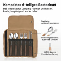 Stainless Steel Cutlery Set 6-piece, Rustproof Travel Cutlery for On the Go with Spoon, Fork, Chopsticks, Khaki
