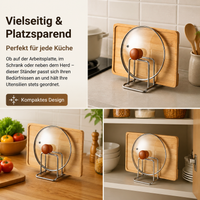Lid Holder Cutting Board Stand, Freestanding Lid Organizer made of 201 Stainless Steel, Kitchen Organizer with 2 Compartments, Polished Silver