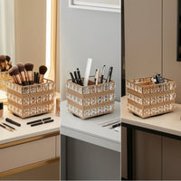 Gold Makeup Brush Holder Square Pen Holder Opentabletop Organizer with Metal Frame Elegant for Vanity