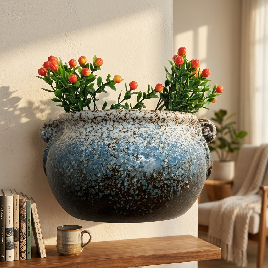 Hanging Basket for Garden Decor and Flower Pots, Pack of 2 Hanging Plant Wall Planter for Home Office, Living Wall Planter Outdoor, Ceramic Style