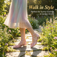 Womens Low Block Heel Sandals, Comfortable PU Leather Ballet Flats with Bow and Pearl Embellishment, Ladies Ankle Strap Shoes for Casual Wear