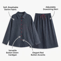 Long Skirt Denim Two Piece Set with Button Front Cardigan for Casual Wear, Stretch Spandex Blend with Pleated Details