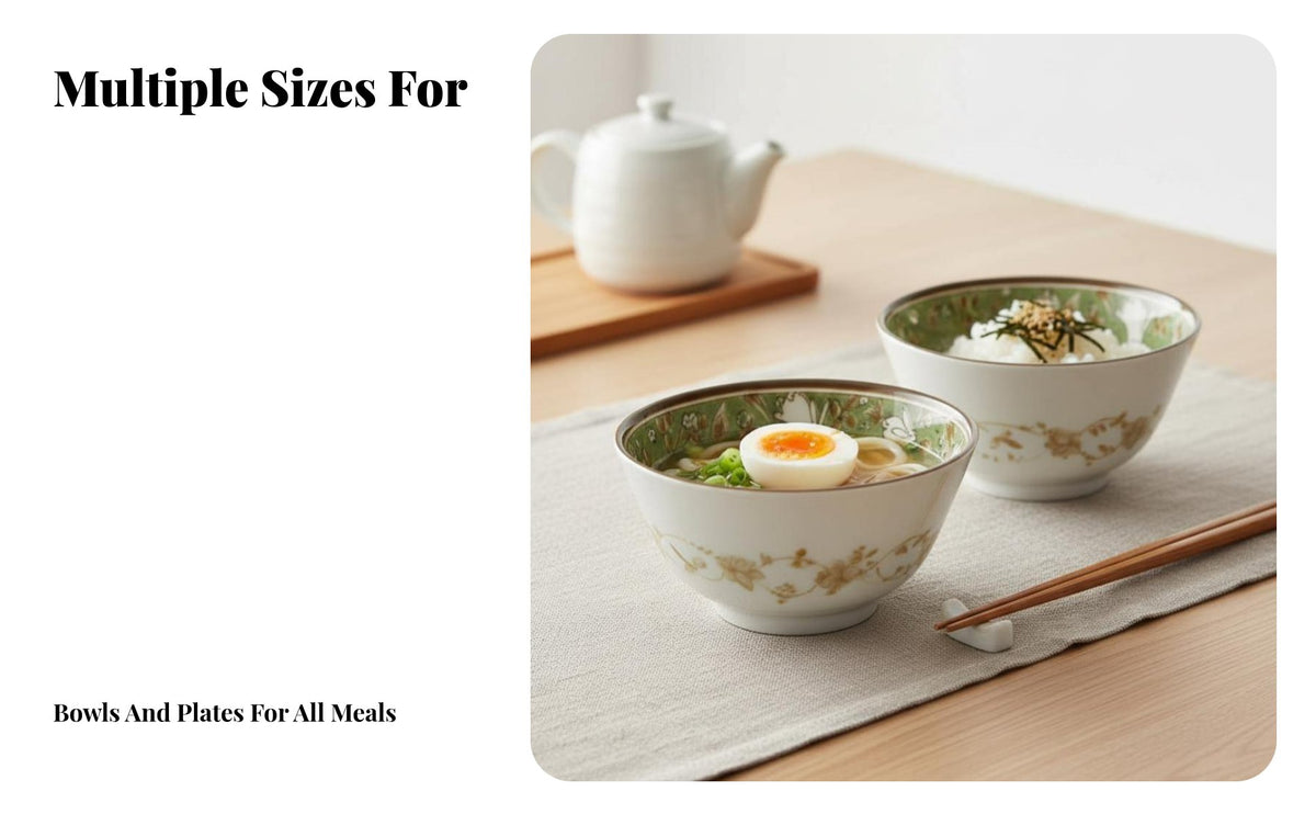 Ceramic Dinnerware Set, Verdant Hare Floral Series, Japanese Style Bowls & Plates