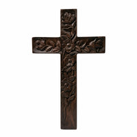 Cross with Floral Relief Freestanding Carved Wood Cross Rustic for Tabletop