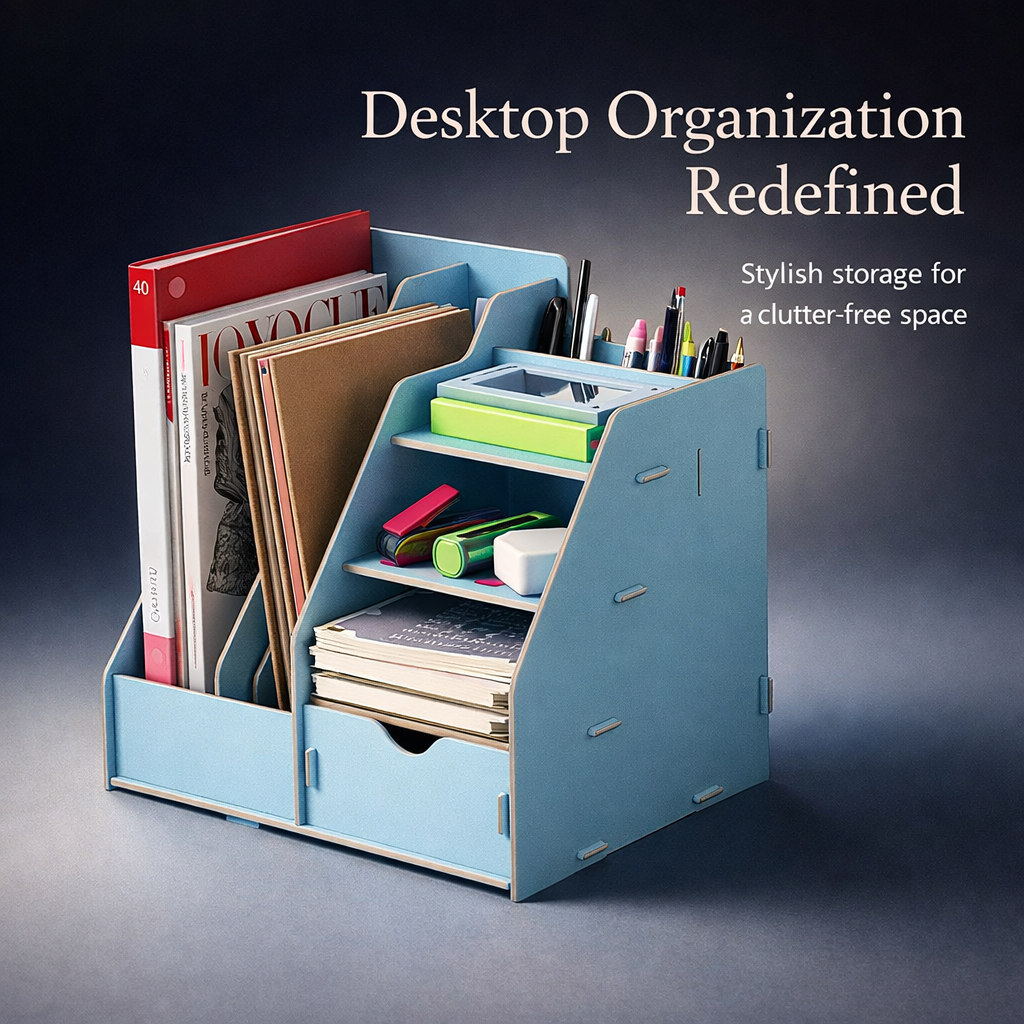 Desk Storage Organizer with Drawers, 3 Tier Wood Bookshelf for Office Workers, Wooden Desktop Shelves for Study Room, Pure Black