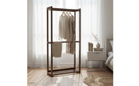 Wooden Floor Clothes Rack Easy to Move Double Rod Clothes Rack Solid Wood Coat Tree for Balcony, Dorm Room