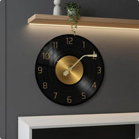 Vinyl Records Wall Clock Reinforced Glass Music Themed Wall Clock Gold-Tone Timepiece for Indoor