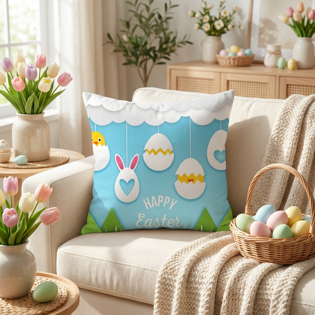 Easter Cushion Cover 45cm x 45cm, Soft Decorative Throw Pillow Case with Vivid Rabbit & Egg Print, Spring Seasonal Home Accessories for Sofa, Couch, Living Room & Bedroom