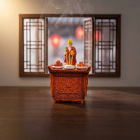 1/64 Scale Shrine Model with Figurine Retro Chinese-Style Miniature Altar Cabinet Ornate Dollhouse Shrine Carved for Collectors, Hobby Builders, Desk Decor