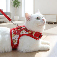 Cat Vest Harness and Leash Set, Polyester Walking Gear with Non-Retractable Harness Leash, Outdoor Chinese New Year Cat Supplies for M L Sizes