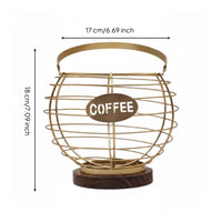 Rustic Wood Base Globe Coffee Pod Basket Countertop Display Coffee Pod Organizer Easy to Reach Round Capsule Stand Space-Saving for Breakfast Bar