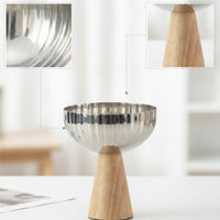 Fruit Bowl with Pedestal Base Stainless Steel Fruit Bowl with Wooden Base Reflective for Kitchen Counter