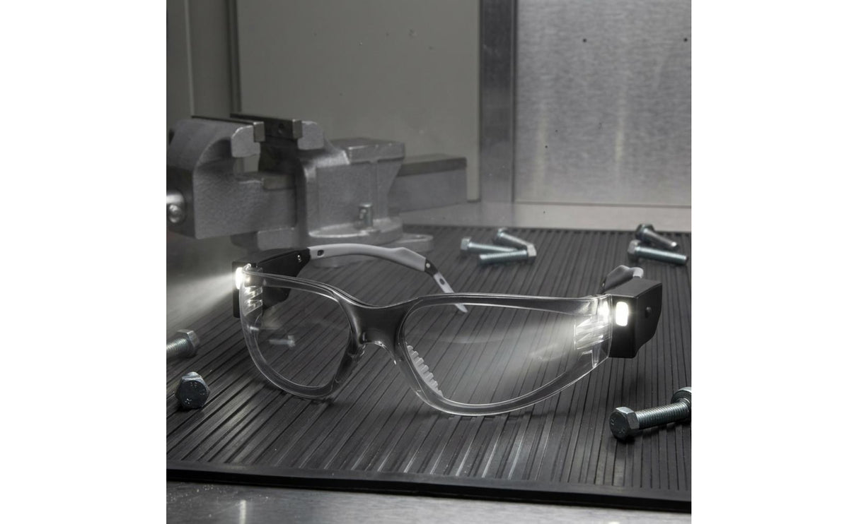 USB-Rechargeable LED Safety Glasses Double Front Lights Curved-Fit Safety Glasses Transparent Frame Eye Protection Clear Lenses