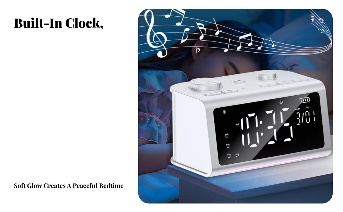Multifunctional Ambient Sound Alarm Clock All-in-1 Bluetooth Speaker Clock Snooze Function for Heavy Sleepers, Adults, Dorm Room, Desk