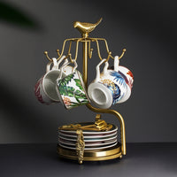 Cup and Saucer Rack Brass-Colored Mug Holder with Saucer Tray Elegant Mug Holder with Hooks for Hosts