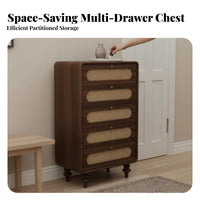 French design 5-Drawer Rattan chest of drawers Vintage Design Chest of Drawers Small Footprint Storage Furniture adaptable Use for Apartment Dwellers, Homeowners, Living Room, Entryway, Hallway, Bedroom