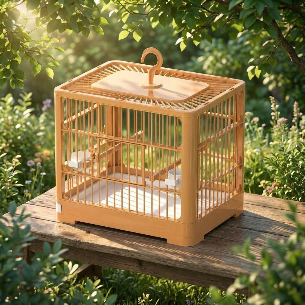 Small Bird Cage and Portable Bird Carrier with Handle, Rectangular PP Material Medium Size Indoor Outdoor Enclosure, Budgie Parakeet 2 Perches