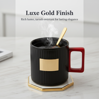 Custom Logo Black Gold Ceramic Mug with Stirring Rod and Vertical Stripes for Valentine's Day
