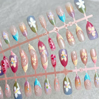 Nails with Glue for Teens, Summer Blossom Artificial with Rhinestones, Reusable Glue-On Fake 30 Pieces