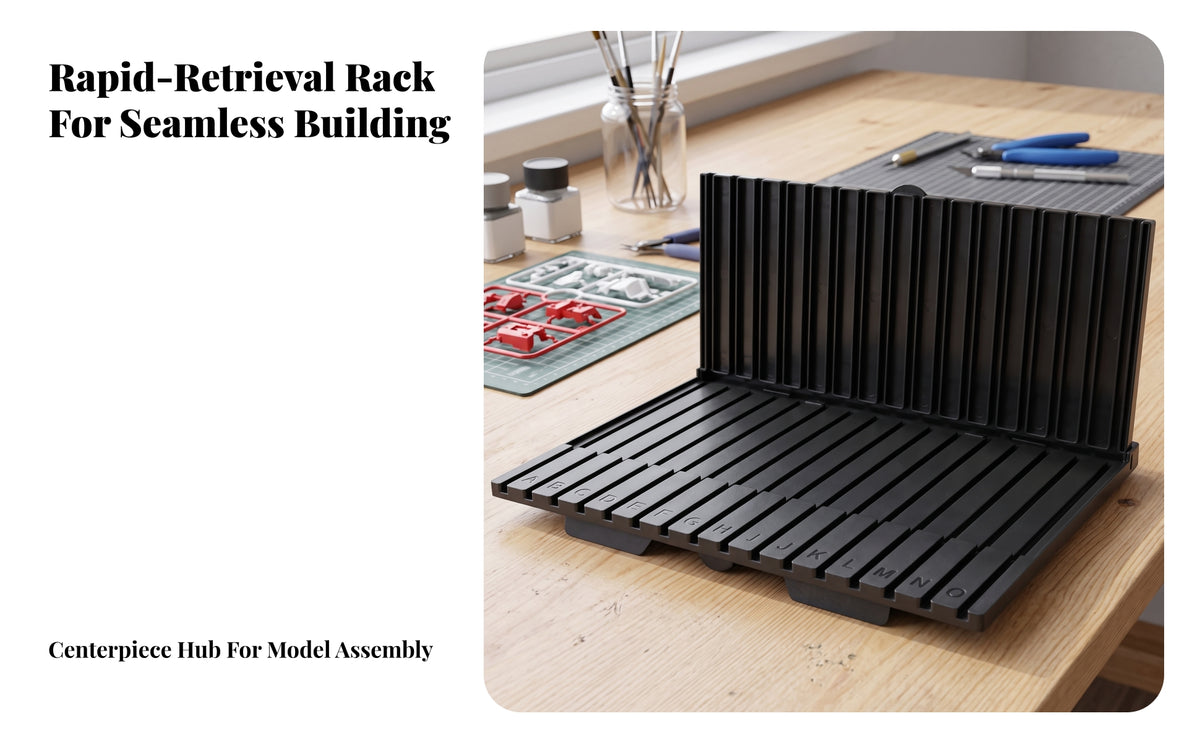 Space-Saving Model Parts Storage Rack | Slotted Grooves for Sorting, Model Kit Organizer, Assembly