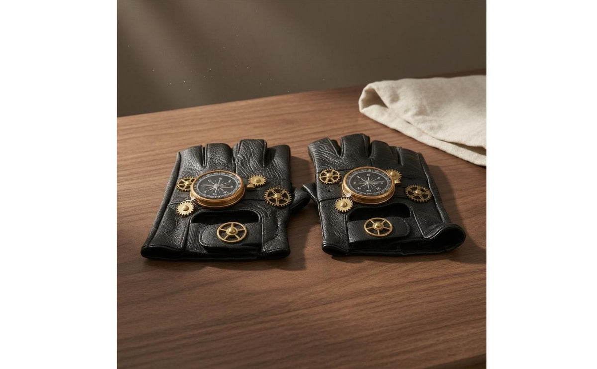 Gold-Tone Gear Details Steampunk Fingerless Gloves Compass Dial Black Leather Fingerless Gloves Textured Finish