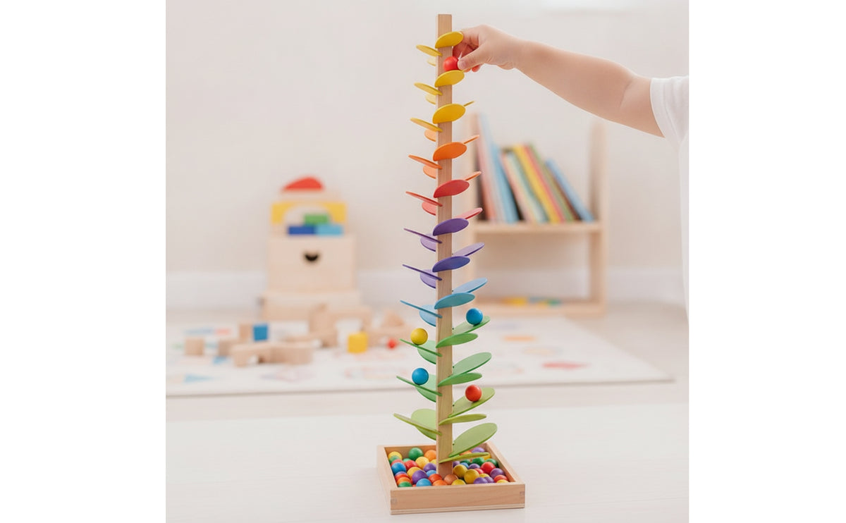 Rainbow Ball Tree Child-Centered Wooden Ball Run with Base Sensory Auditory Tree for Young Children, Teachers, Playroom, Kindergarten, Classroom