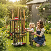 Metal Garden Tool Rack Freestanding Tool Organizer with Hooks Three-Tier Heavy Duty for Homeowners