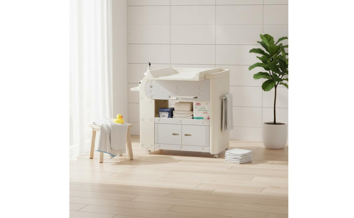 All-in-Single Design Infant Changing Table with Bath Height Adjustable Mobile Changing Table Large Storage Capacity Nursery Furniture for Newborns