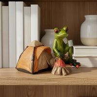 Resin Frog Statue with Tent Novelty Design Camping Frog Figurine House Decoration Collectible Handmade for Desktop, Shelf