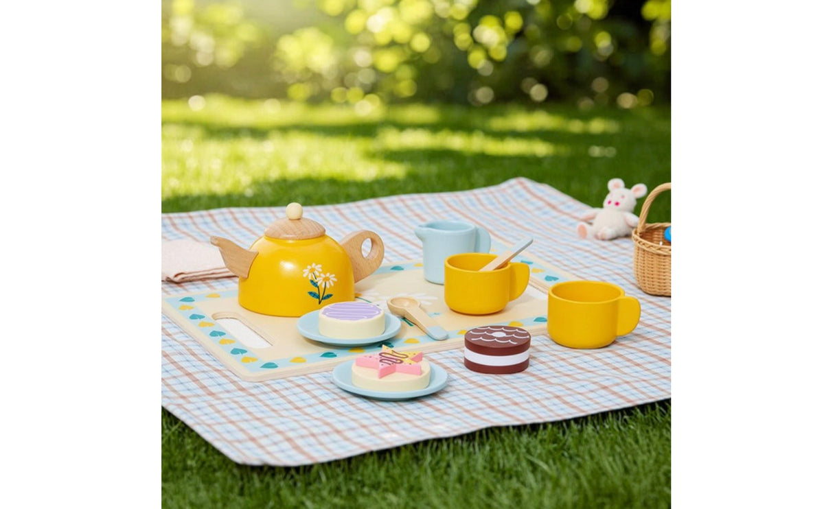 Wooden Tea Set with Tray Natural Tea Party Set with Dessert Pieces Toy Playful Smooth for Children, Playroom, Preschool