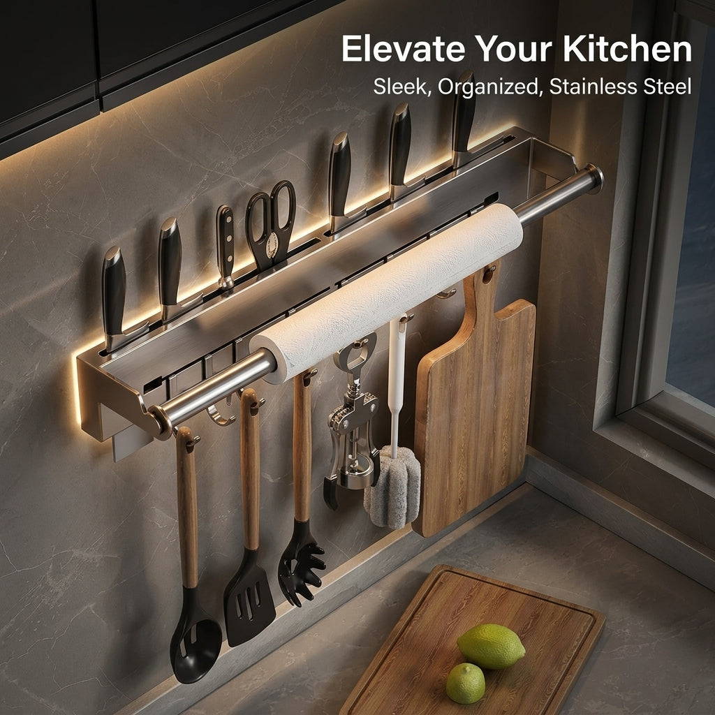 Wall Mounted Stainless Steel Rack for Dorm Room and Apartment Organization, Organizer with No Drill Installation for Chefs
