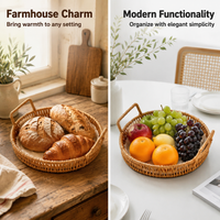 Home Storage Basket with Handles, Round Fruit Storage Basket, Brown Synthetic Polymer for Kitchen & Living Room, 4 Pieces