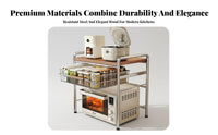 Multifunctional Wood and Steel Kitchen Rack Space Saving Microwave Oven Shelf with Drawer Rustproof Kitchen Appliance Storage Stand Sturdy & Long-Lasting for Home Cooks, Homeowners, Apartment Dwellers, Pantry, RV, Dorm Room, Office