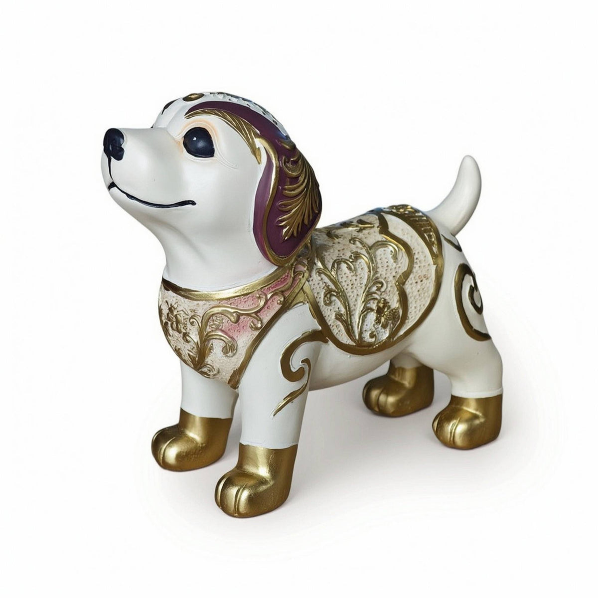 Ornate Dog Figurine Floral Dog Statue Tabletop Canine Sculpture Metallic-Finish for Collectors, Living Room, Bookshelf, Entryway, Office Desk