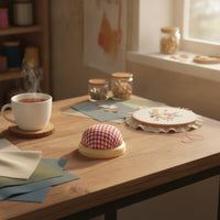 Floral Print Wooden Base Pincushion Plaid Pattern Textile Needle Cushion Handmade Round Sewing Pin Cushion for Crafters, Quilting