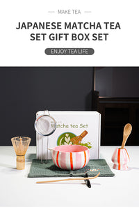 Ceramic Painted Striped Matcha Tea Set with Whisk Accessories