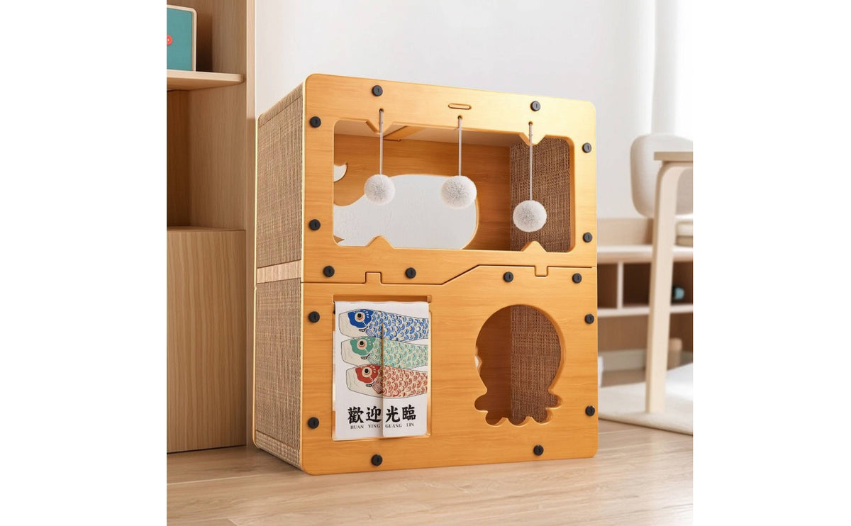 Cat Scratcher House Wooden Cat Structure with Sisal Ramp Interactive Animal Furniture for Cats, Kittens, Corner, Living Room