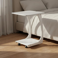 Multi-Functional C Table with Wheels Solid Wood Bedside Snack Table Space Saving Home Furniture 2-Tier Storage for Small Areas