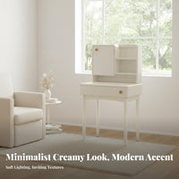 Cream design Vanity with Lighted Mirror Minimalist Design Dressing Table Rounded Corners Makeup Desk Ample Storage Space for Adults, Women, Teenagers, Home