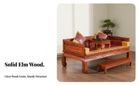 Chinese Arhat Bed Tiger Leg Design Traditional Elm Wood Daybed Tranquil Influenced Solid Wood Carved Couch for Tea Enthusiasts, Homeowners, Reception