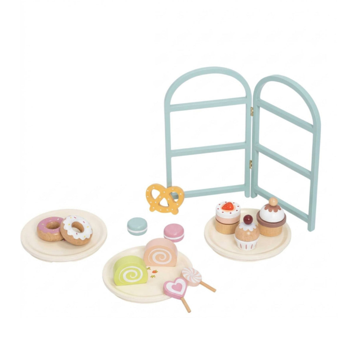Toy Dessert Stand with Pretend Desserts Three-Tier Dessert Stand with Sweets Rounded Edges Wooden Pretend Desserts Set for Classroom