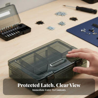 Transparent Lid Compartment Case with Dividers firm Latch Adjustable Divider Case adaptable Organizer Box Stackable Design for Technicians, DIY hobbyists, Professionals, Workshop, Garage, Craft Room, work location