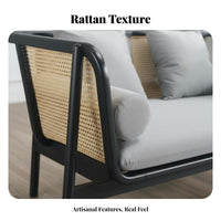 Nordic Design 3-Seater Cane Armrest Settee Hand-Woven Curved rear Cane Loveseat Minimalist appearance Rattan Sofa Comfortable pads for Hotel Owners, Guesthouse managers, Living Room, Lounge Area, Sunroom, Apartment
