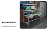 Heavy-Duty Construction Anti-Static Work Table Adjustable Feet Workbench with Shelves and Light Built-in Power Outlets Assembly Line Station for Laboratory Personnel, Factory, Laboratoryoratory Oratory