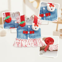 Dog Harness Dress with Leash Strawberry Cat Harness Dress with Leash Ruffled Cute for Small Dogs, Outdoor Walking, Daily Walks